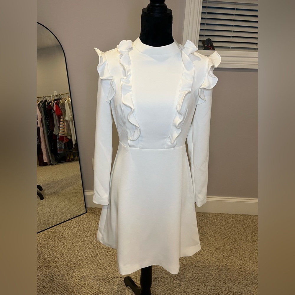 NWT Ted Baker White Long-Sleeve Ruffle A-Line Mini Dress- size 4 - Picture 2 of 9